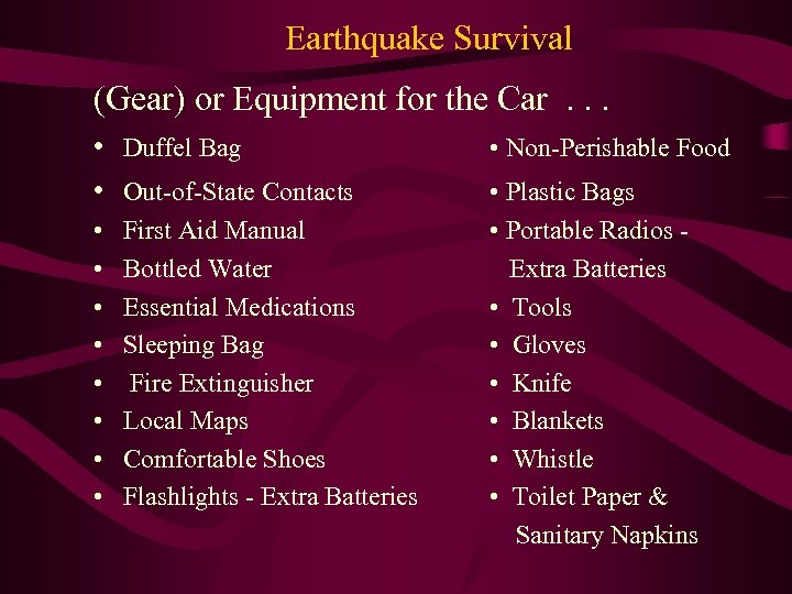Earthquake Survival (Gear) or Equipment for the Car. . . • Duffel Bag •