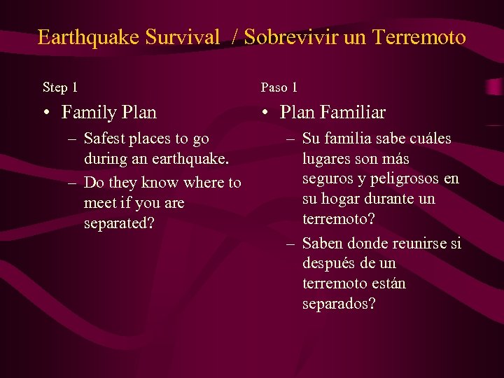 Earthquake Survival / Sobrevivir un Terremoto Step 1 Paso 1 • Family Plan •