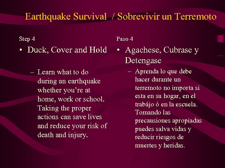 Earthquake Survival / Sobrevivir un Terremoto Step 4 Paso 4 • Duck, Cover and