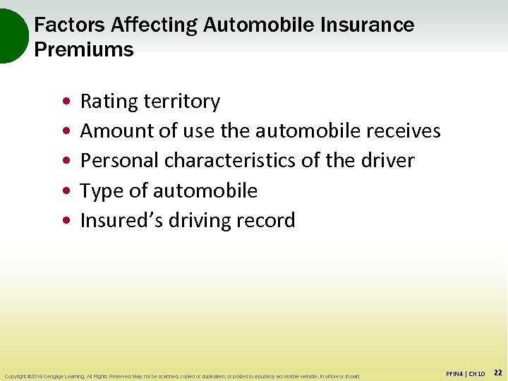 Factors Affecting Automobile Insurance Premiums • • • Rating territory Amount of use the