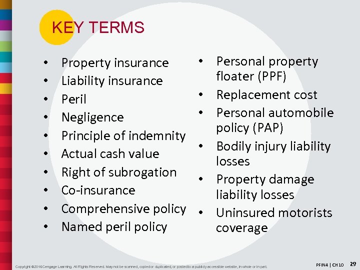 KEY TERMS • • • Property insurance Liability insurance Peril Negligence Principle of indemnity