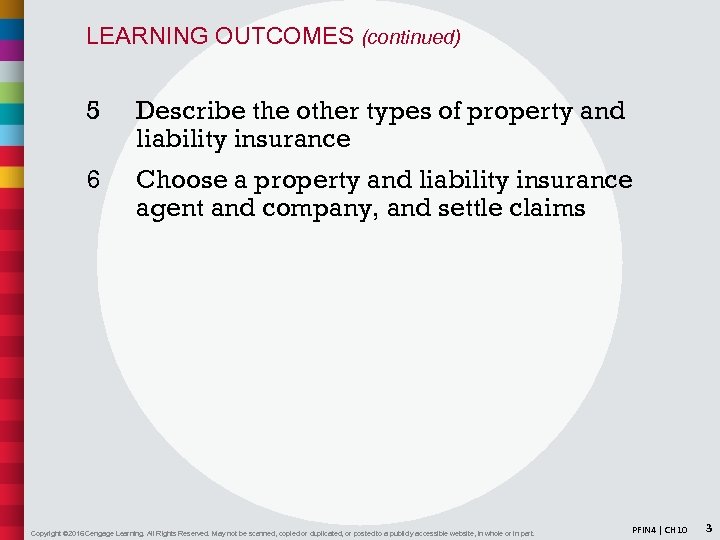LEARNING OUTCOMES (continued) 5 Describe the other types of property and liability insurance 6