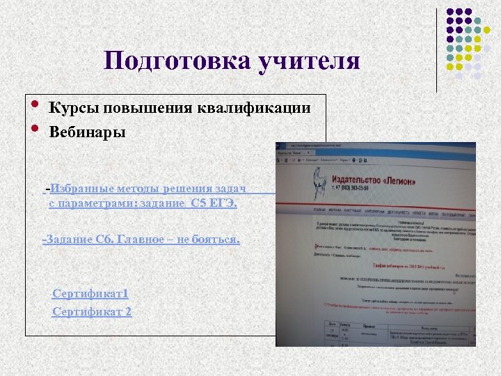 Подготовка учителя • • Курсы повышения квалификации Вебинары -Избранные методы решения задач с параметрами: