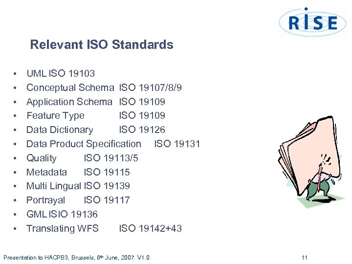 Relevant ISO Standards • • • UML ISO 19103 Conceptual Schema ISO 19107/8/9 Application