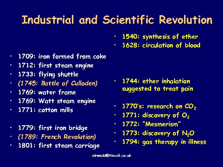 Industrial and Scientific Revolution • 1540: synthesis of ether • 1628: circulation of blood