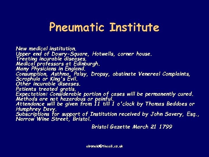 Pneumatic Institute New medical institution. Upper end of Dowry-Square, Hotwells, corner house. Treating incurable