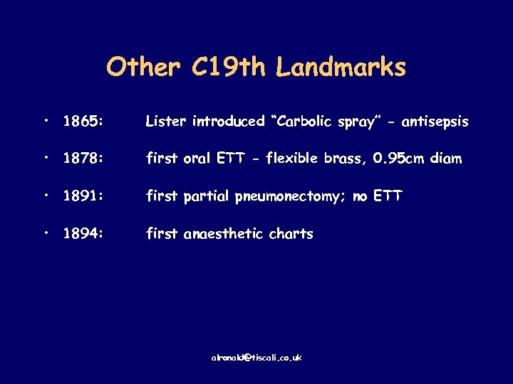 Other C 19 th Landmarks • 1865: Lister introduced “Carbolic spray” - antisepsis •