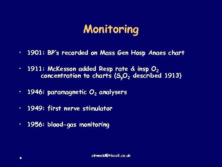 Monitoring • 1901: BP’s recorded on Mass Gen Hosp Anaes chart • 1911: Mc.