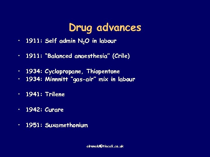 Drug advances • 1911: Self admin N 2 O in labour • 1911: “Balanced