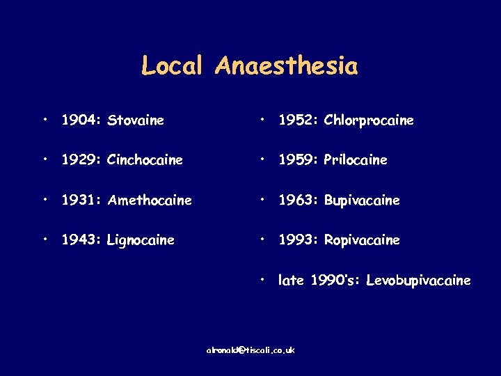 Local Anaesthesia • 1904: Stovaine • 1952: Chlorprocaine • 1929: Cinchocaine • 1959: Prilocaine