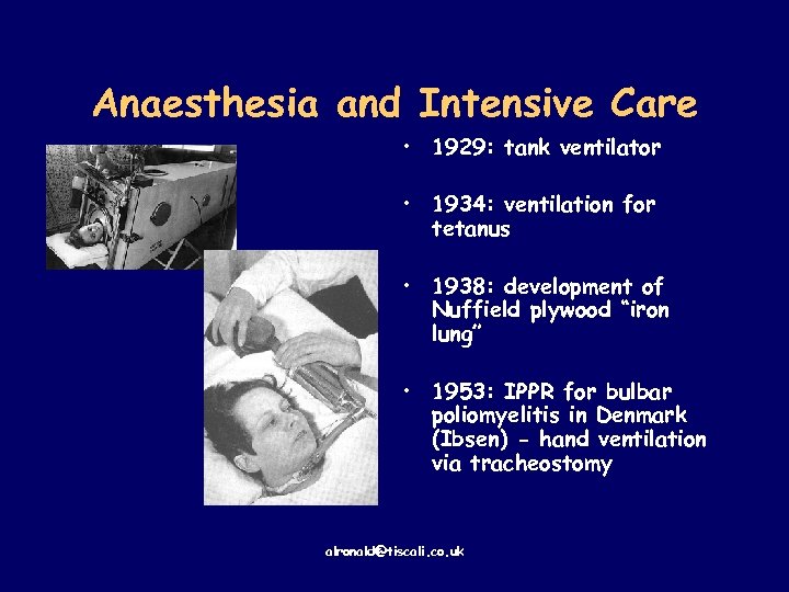 Anaesthesia and Intensive Care • 1929: tank ventilator • 1934: ventilation for tetanus •