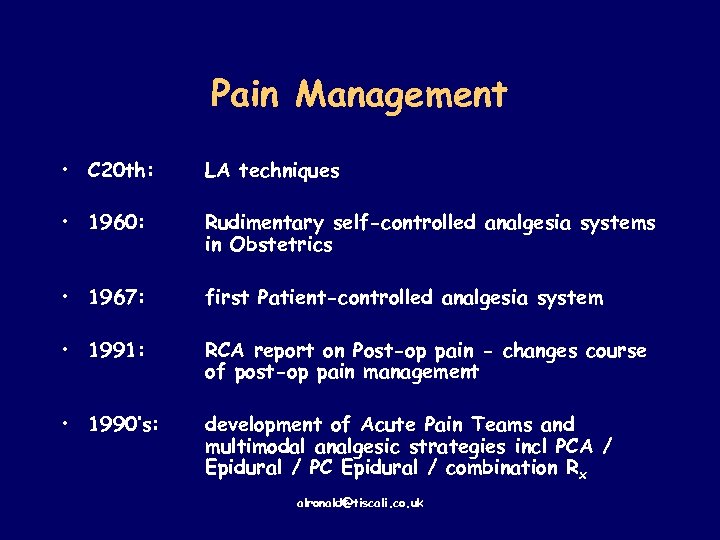 Pain Management • C 20 th: LA techniques • 1960: Rudimentary self-controlled analgesia systems