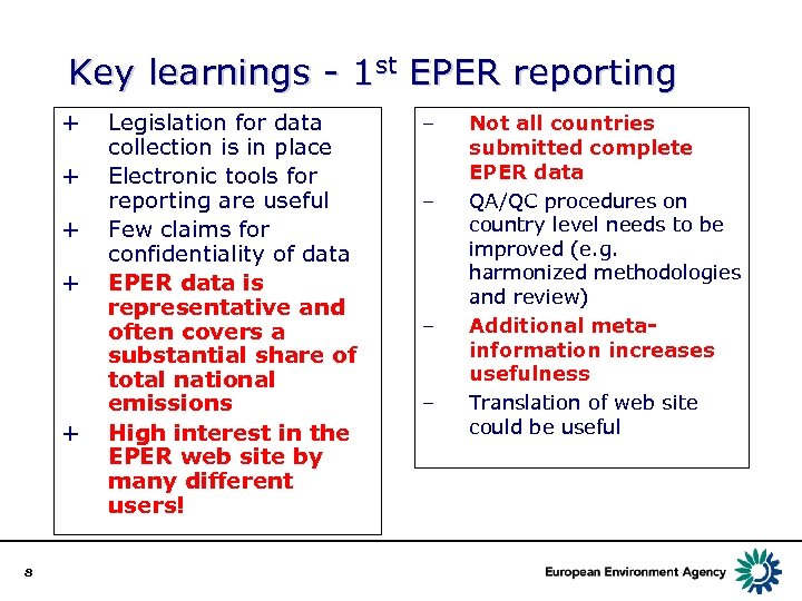 Key learnings - 1 st EPER reporting + + + 8 Legislation for data