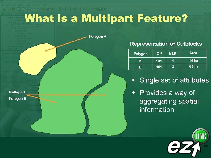 What is a Multipart Feature? Polygon A Representation of Cutblocks Polygon CP BLK Area