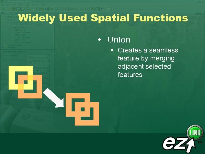 Widely Used Spatial Functions w Union w Creates a seamless feature by merging adjacent