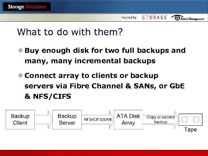 What to do with them? l Buy enough disk for two full backups and
