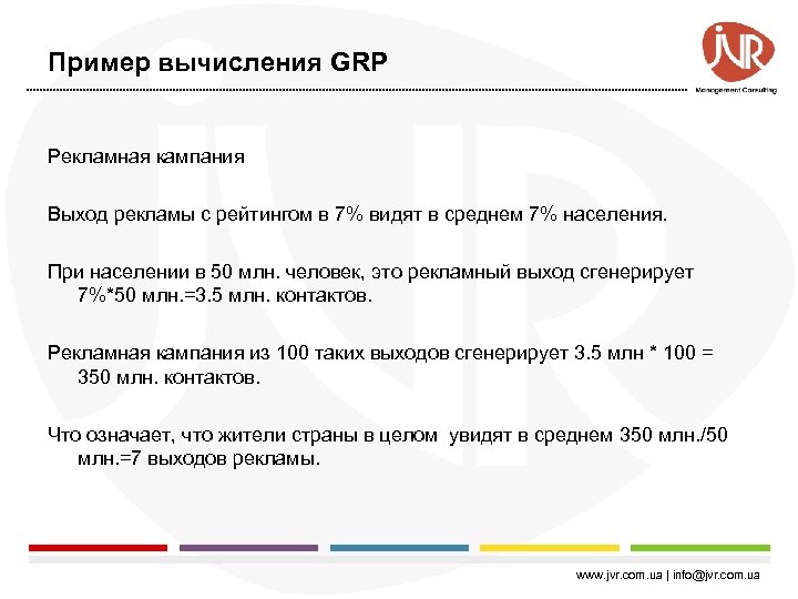 Пример вычисления GRP Рекламная кампания Выход рекламы с рейтингом в 7% видят в среднем