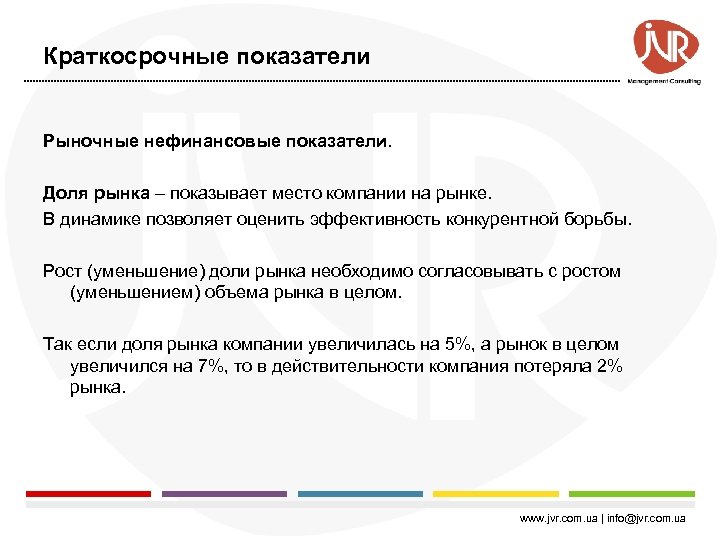 Краткосрочные показатели Рыночные нефинансовые показатели. Доля рынка – показывает место компании на рынке. В
