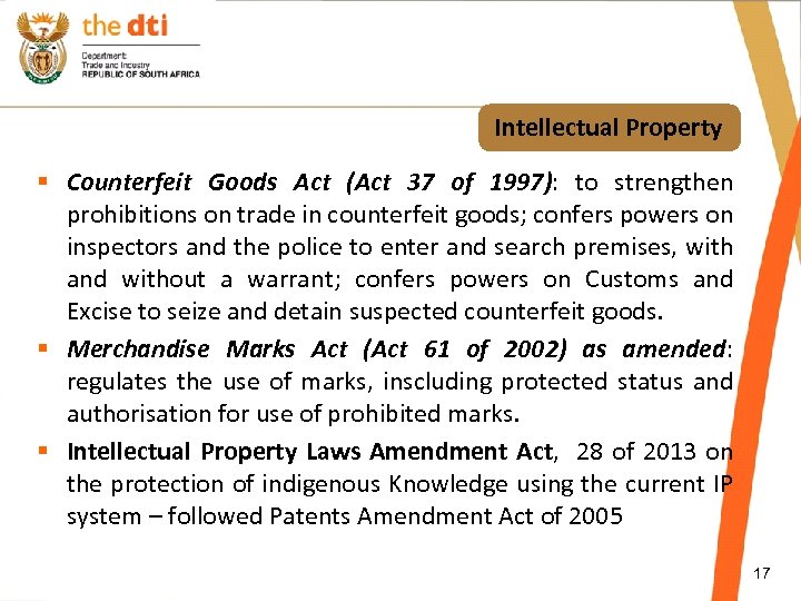Intellectual Property § Counterfeit Goods Act (Act 37 of 1997): to strengthen prohibitions on