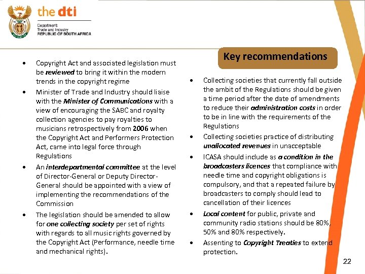  • • Copyright Act and associated legislation must be reviewed to bring it