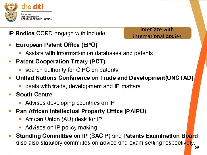IP Bodies CCRD engage with include: interface with international bodies § European Patent Office