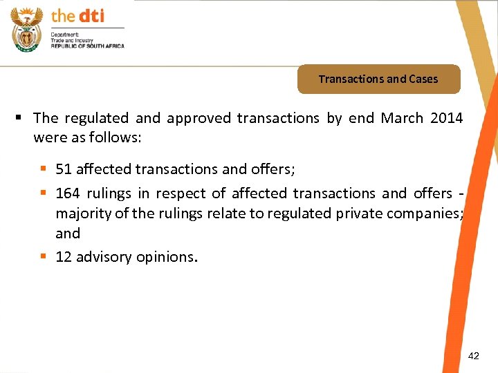 Transactions and Cases § The regulated and approved transactions by end March 2014 were