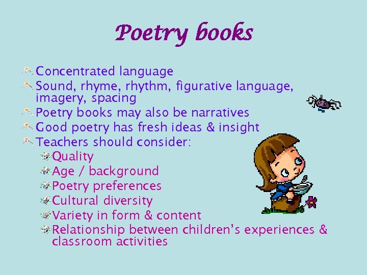 Poetry books Concentrated language Sound, rhyme, rhythm, figurative language, imagery, spacing Poetry books may