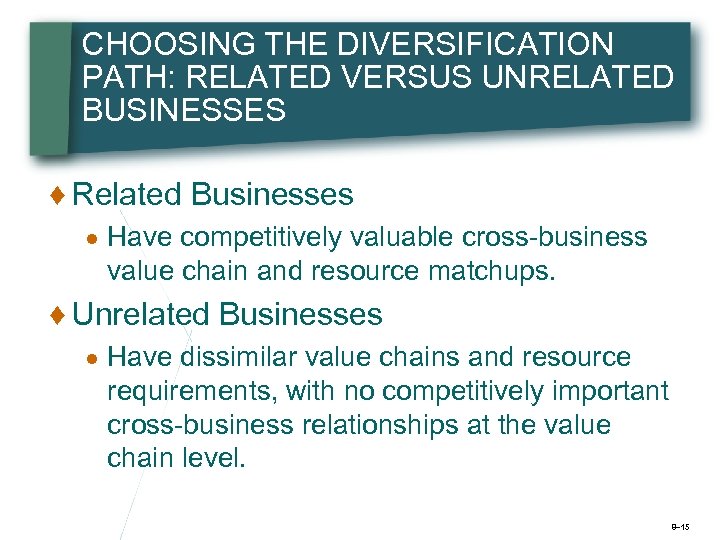 CHOOSING THE DIVERSIFICATION PATH: RELATED VERSUS UNRELATED BUSINESSES ♦ Related Businesses ● Have competitively