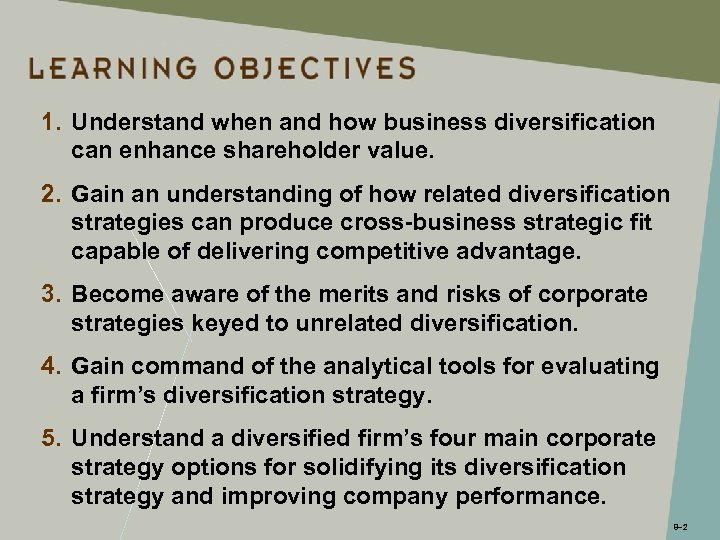 1. Understand when and how business diversification can enhance shareholder value. 2. Gain an