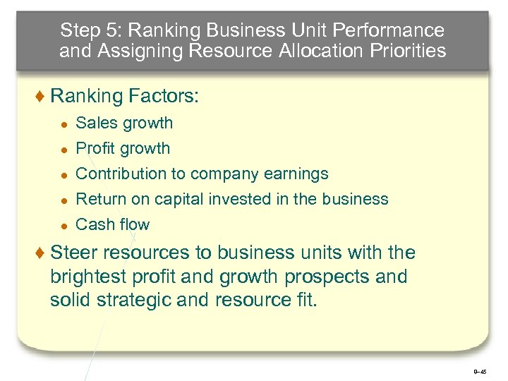 Step 5: Ranking Business Unit Performance and Assigning Resource Allocation Priorities ♦ Ranking Factors: