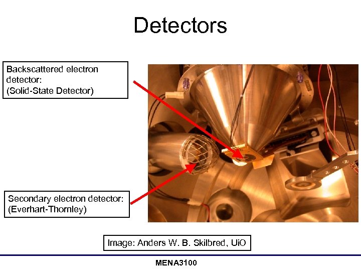 Detectors Backscattered electron detector: (Solid-State Detector) Secondary electron detector: (Everhart-Thornley) Image: Anders W. B.