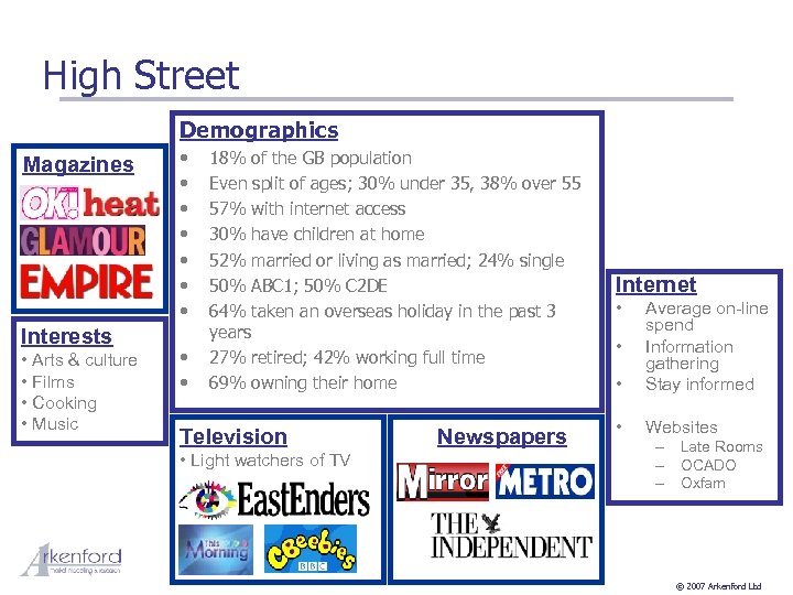High Street Demographics Magazines Interests • Arts & culture • Films • Cooking •