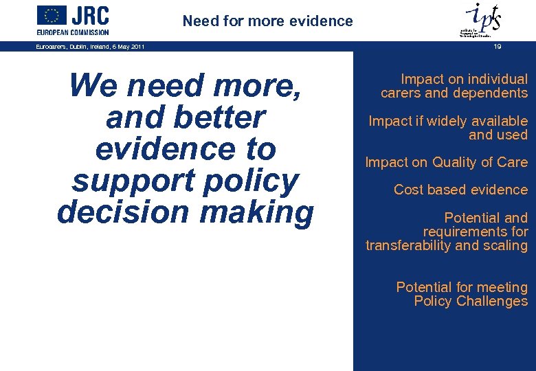 Need for more evidence Eurocarers, Dublin, Ireland, 6 May 2011 We need more, and