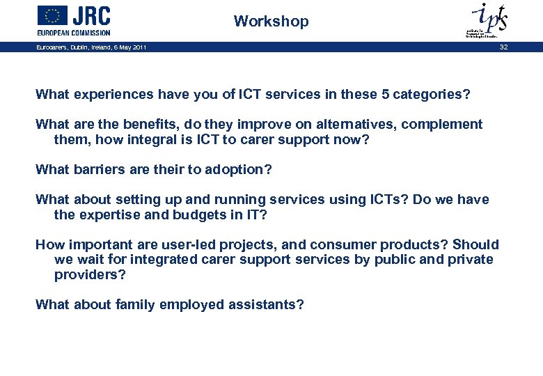 Workshop Eurocarers, Dublin, Ireland, 6 May 2011 32 What experiences have you of ICT