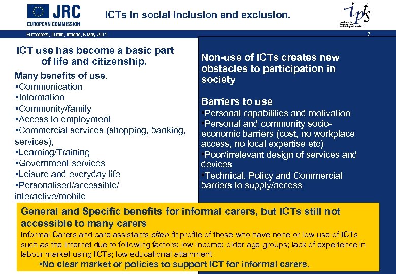 ICTs in social inclusion and exclusion. Eurocarers, Dublin, Ireland, 6 May 2011 ICT use