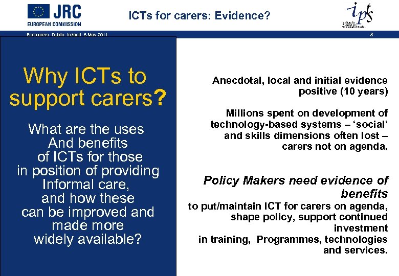 ICTs for carers: Evidence? Eurocarers, Dublin, Ireland, 6 May 2011 Why ICTs to support