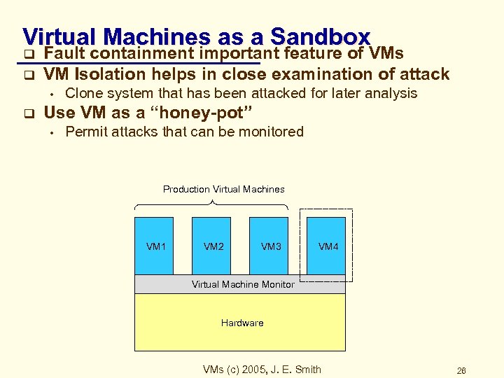 Virtual Machines as a Sandbox q q Fault containment important feature of VMs VM