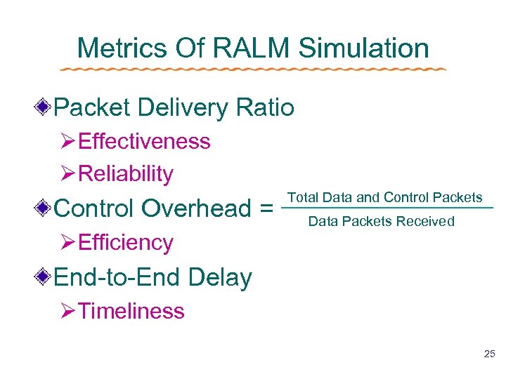 Metrics Of RALM Simulation Packet Delivery Ratio ØEffectiveness ØReliability Control Overhead = ØEfficiency Total