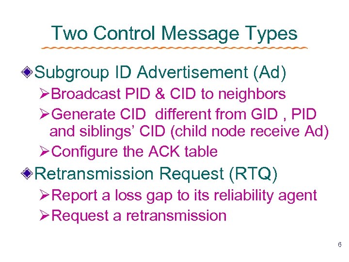 Two Control Message Types Subgroup ID Advertisement (Ad) ØBroadcast PID & CID to neighbors