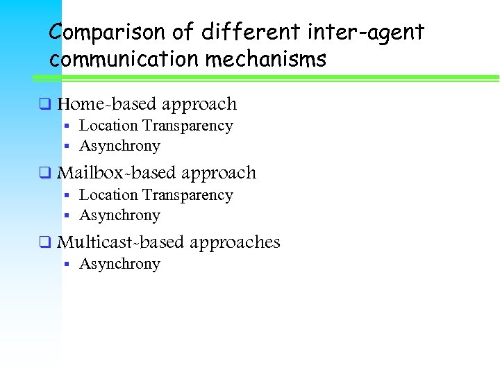 Comparison of different inter-agent communication mechanisms q Home-based approach § Location Transparency § Asynchrony