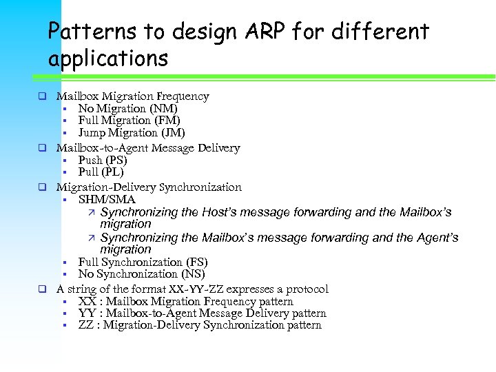 Patterns to design ARP for different applications Mailbox Migration Frequency § No Migration (NM)