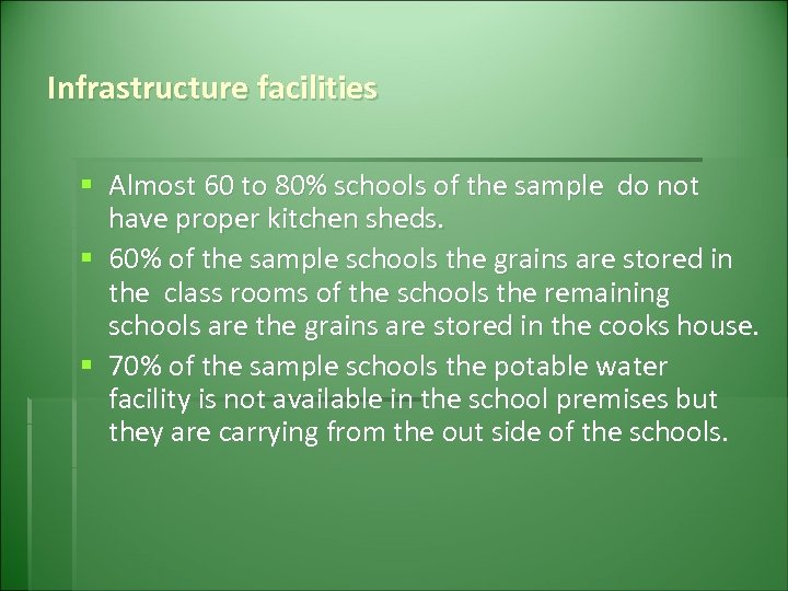 Infrastructure facilities § Almost 60 to 80% schools of the sample do not have