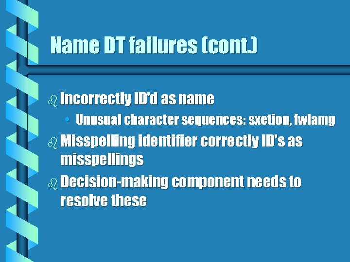 Name DT failures (cont. ) b Incorrectly ID'd as name • Unusual character sequences: