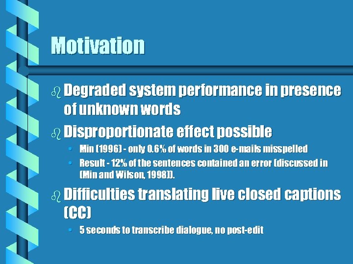 Motivation b Degraded system performance in presence of unknown words b Disproportionate effect possible