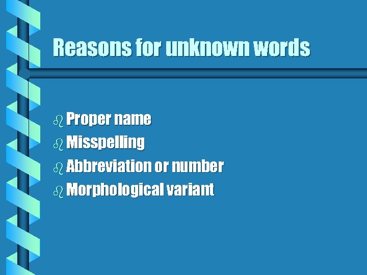 Reasons for unknown words b Proper name b Misspelling b Abbreviation or number b