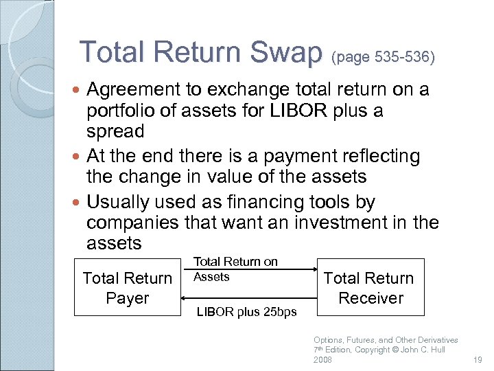 Total Return Swap (page 535 -536) Agreement to exchange total return on a portfolio