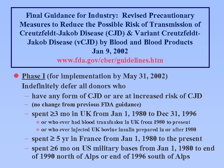 Final Guidance for Industry: Revised Precautionary Measures to Reduce the Possible Risk of Transmission