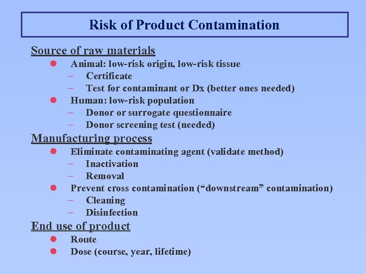 Risk of Product Contamination Source of raw materials l l Animal: low-risk origin, low-risk