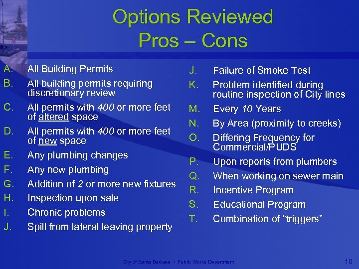 Options Reviewed Pros – Cons A. B. C. D. E. F. G. H. I.