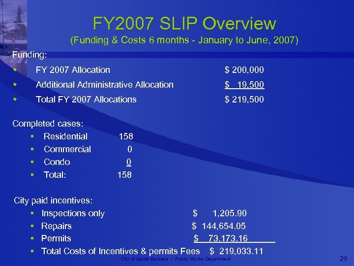 FY 2007 SLIP Overview (Funding & Costs 6 months - January to June, 2007)